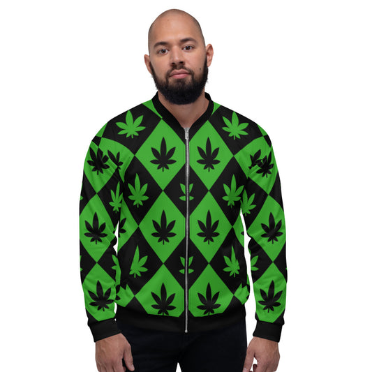 Black & Green Stoners Only Weed Leaf Checker Board Unisex Bomber Jacket