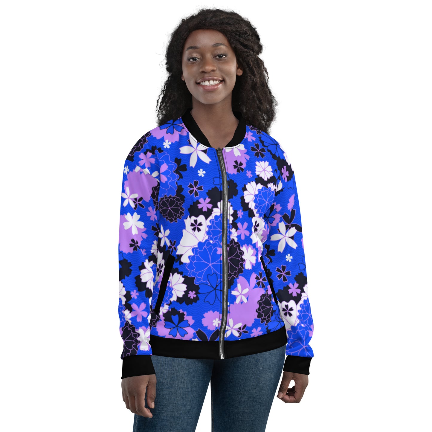 Blue Japanese Flower Unisex Bomber Jacket