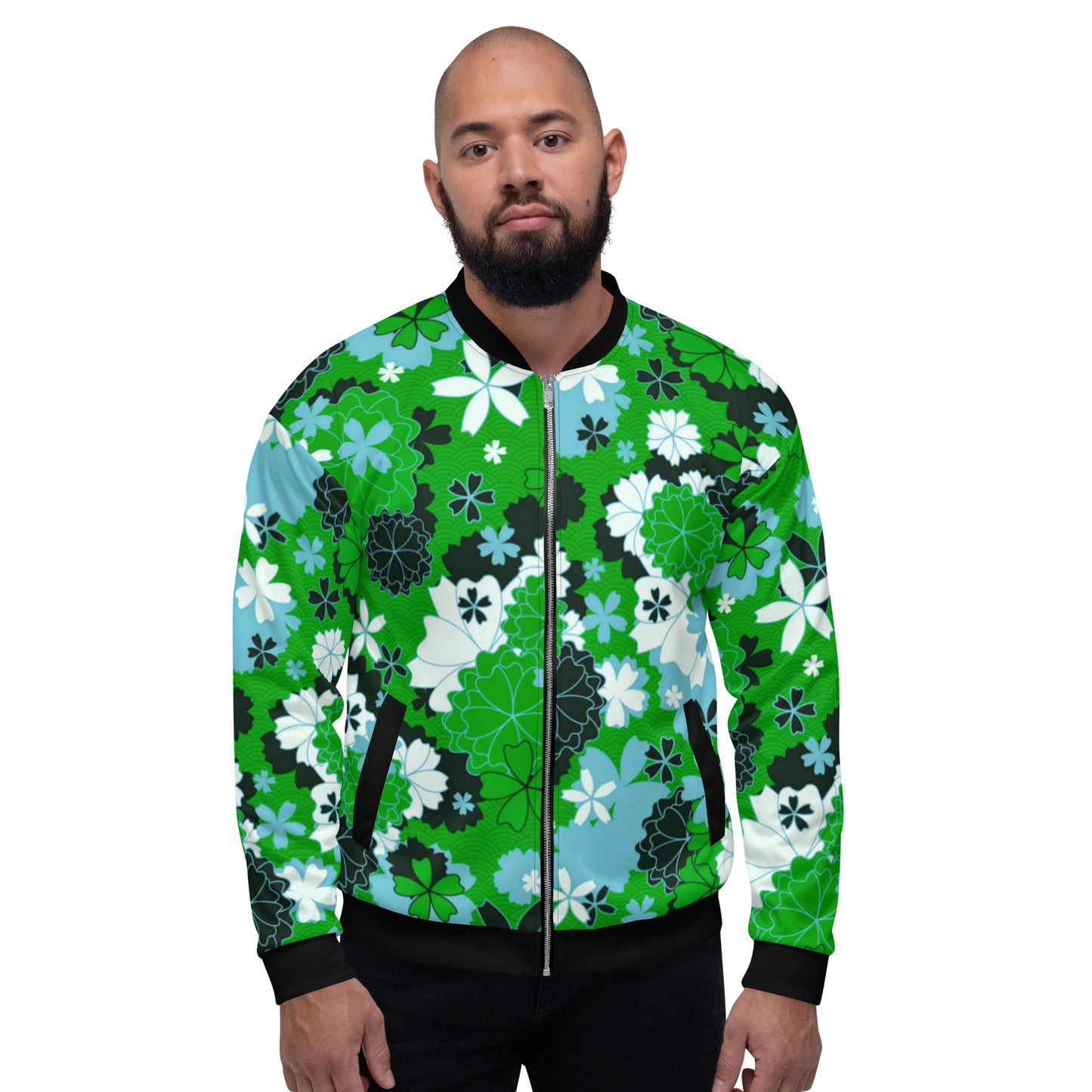 Green Japanese Flower Unisex Bomber Jacket