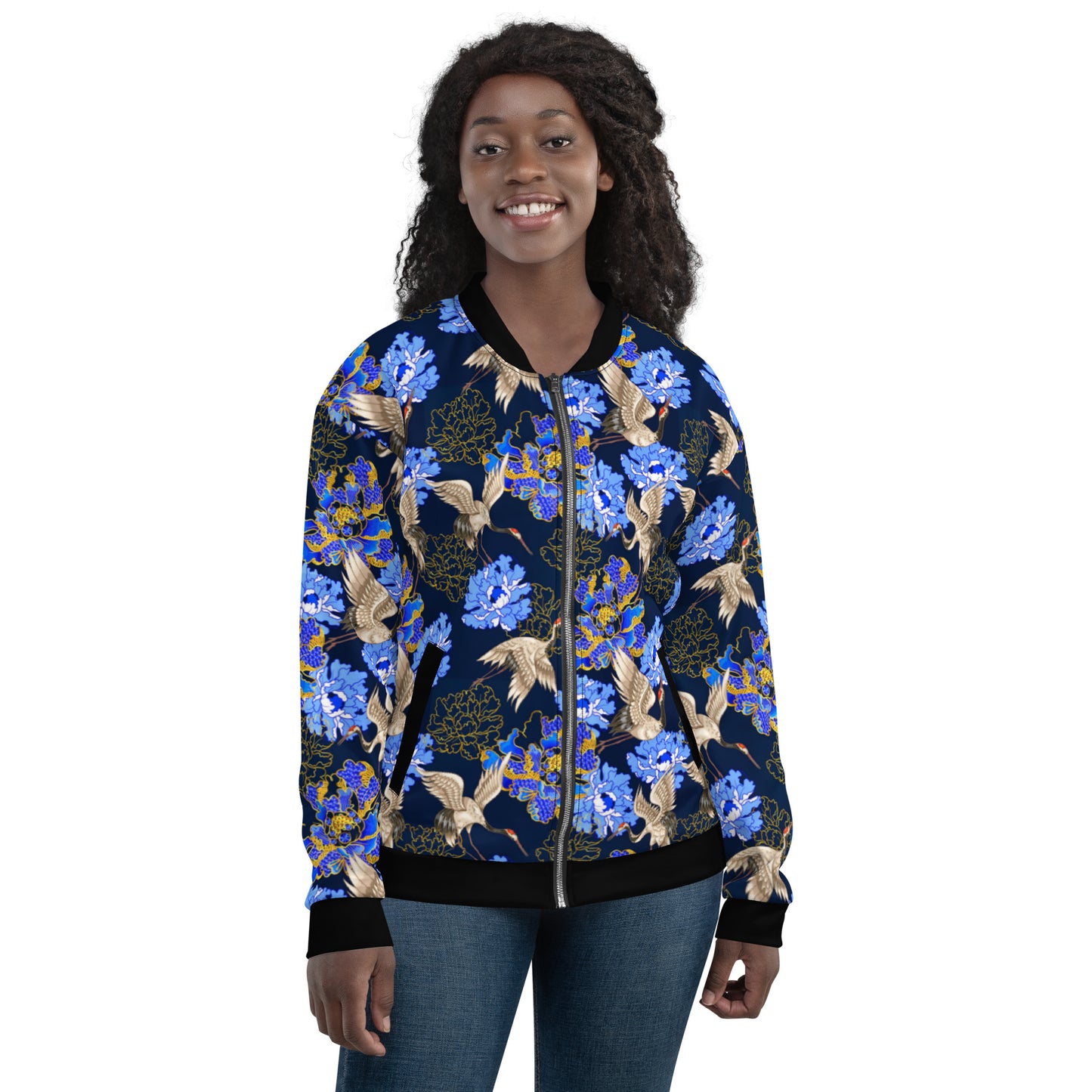 Japanese Flowers With Cranes Unisex Bomber Jacket