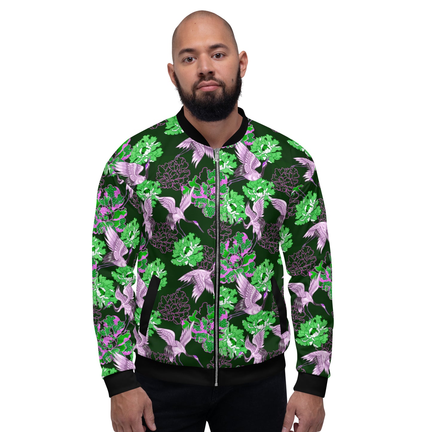 Japanese Flowers With Cranes Unisex Bomber Jacket