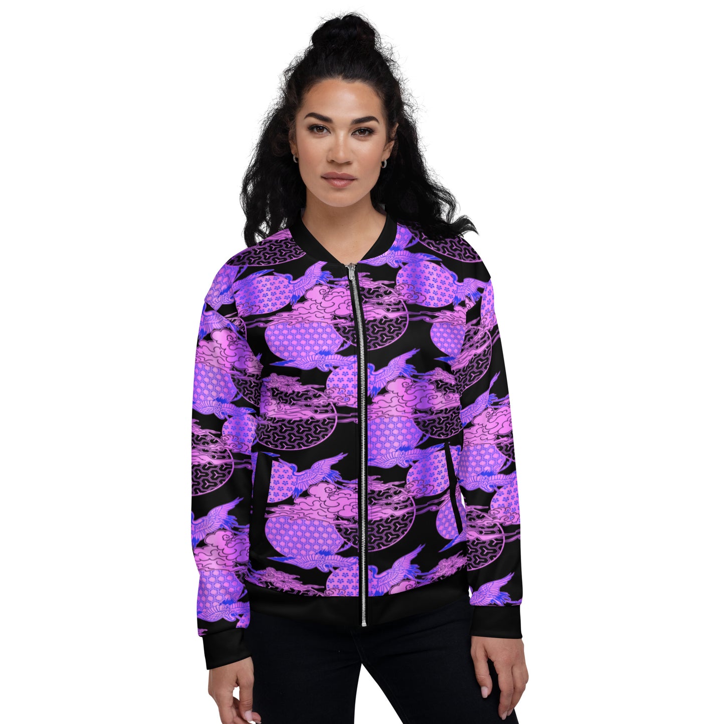 Japanese Style Unisex Bomber Jacket With Cranes