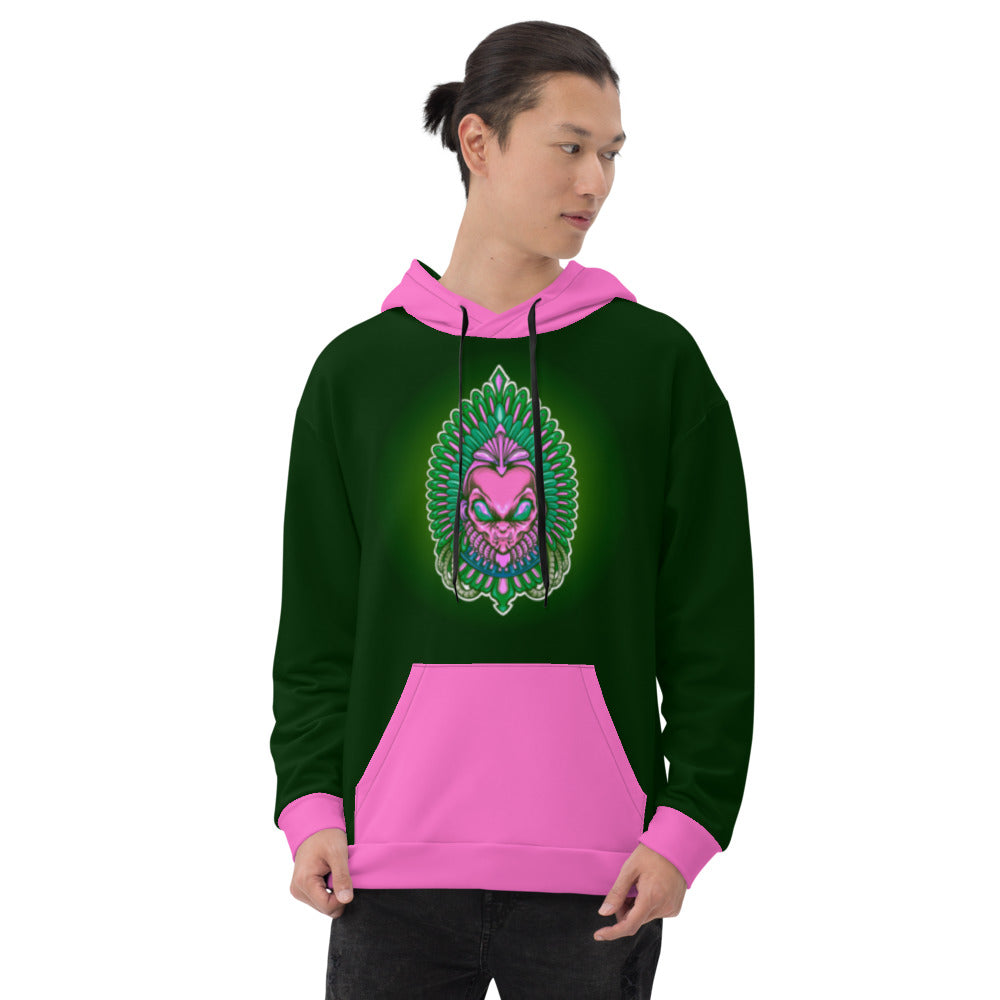 Dark Green & Pink Alien Aztec Indian Unisex Hoodie