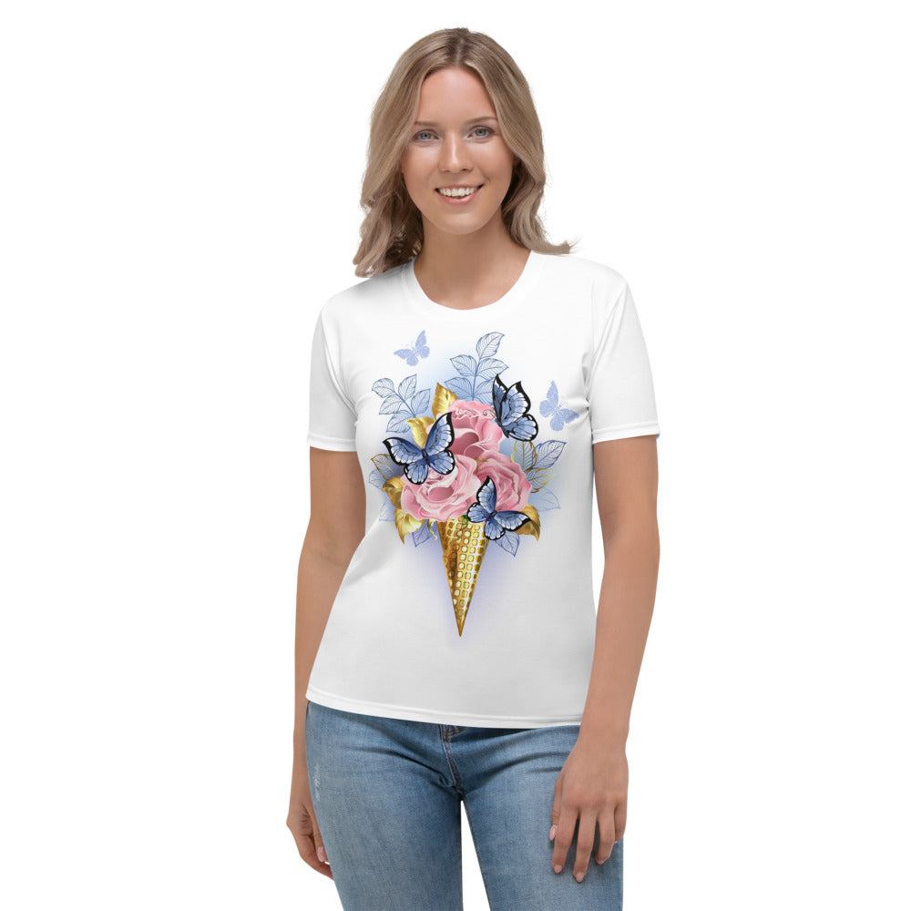 Butterflies & Pink Roses Waffle Cone Women's T-shirt