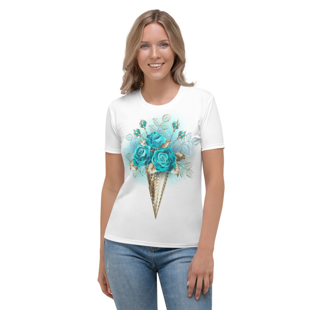 Turquoise Roses Waffle Cone Women's T-shirt