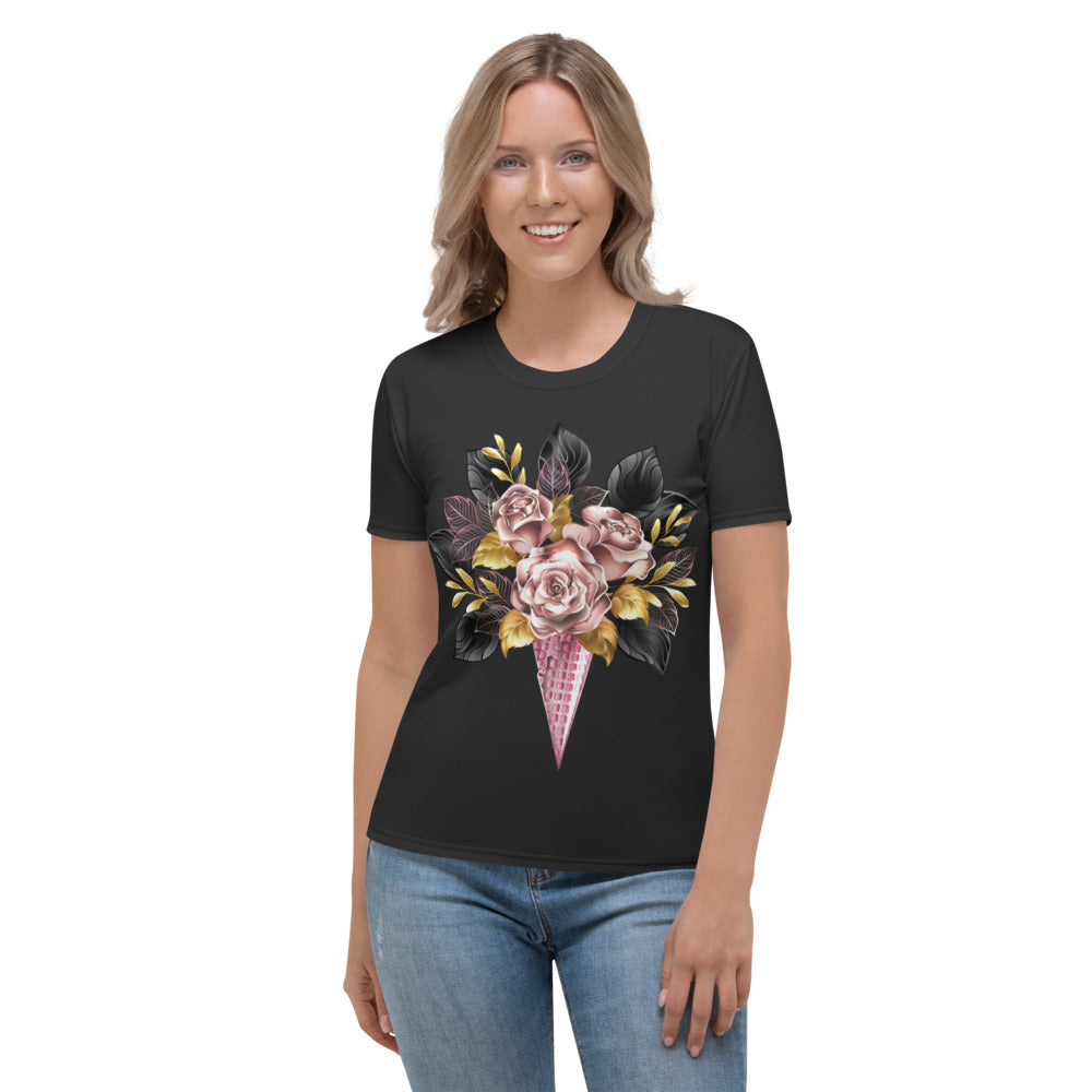 Pink & Gold Roses Waffle Cone Women's T-shirt