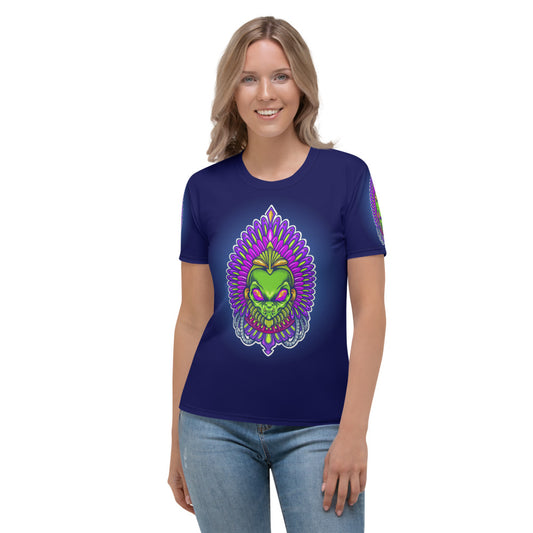 Navy Blue & Green Alien Aztec Indian Women's T-shirt