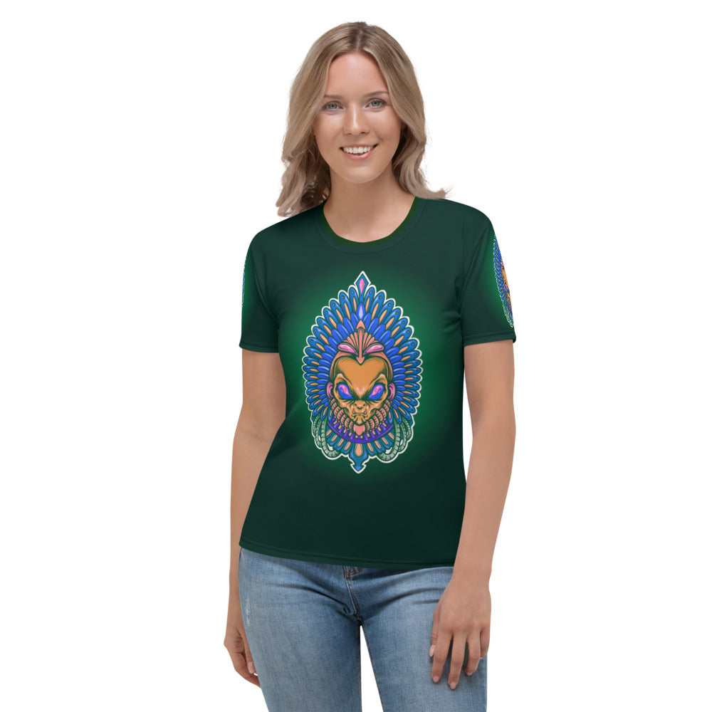 Dark Green & Golden Alien Aztec Indian Women's T-shirt