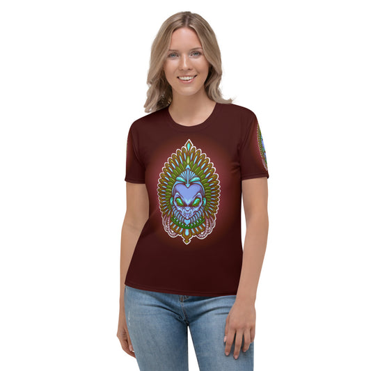 Maroon & Blue Alien Aztec Indian Women's T-shirt