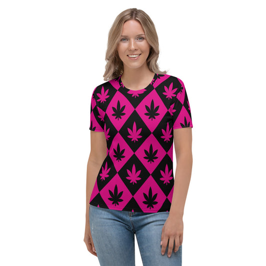 Black & Pink Stoners Only Weed Leaf Checker Board Women's T-shirt