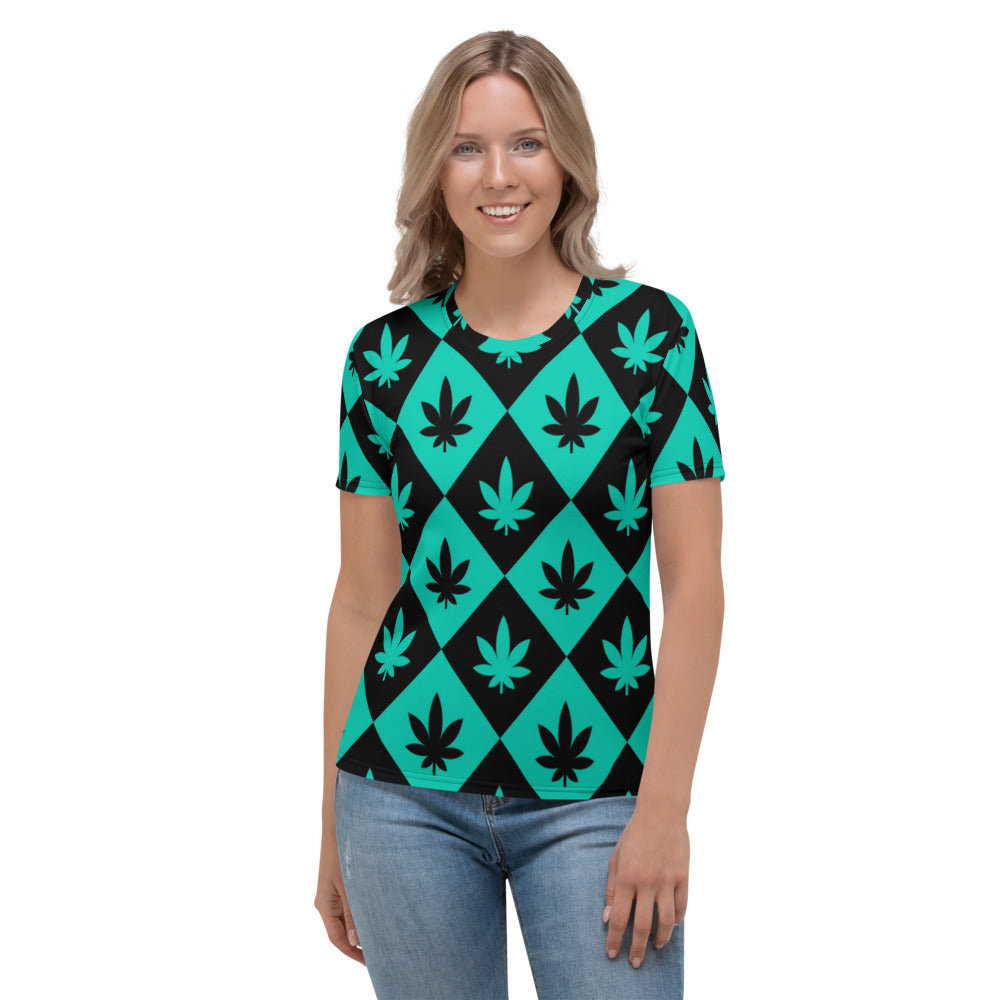 Black & Teal Stoners Only Weed Leaf Checker Board Women's T-shirt