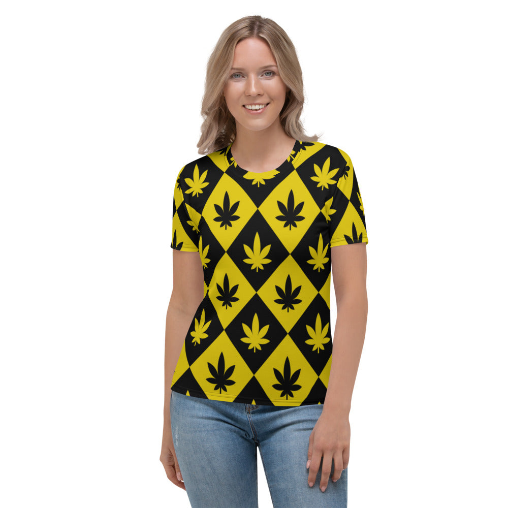 Black & Yellow Stoners Only Weed Leaf Checker Board Women's T-shirt