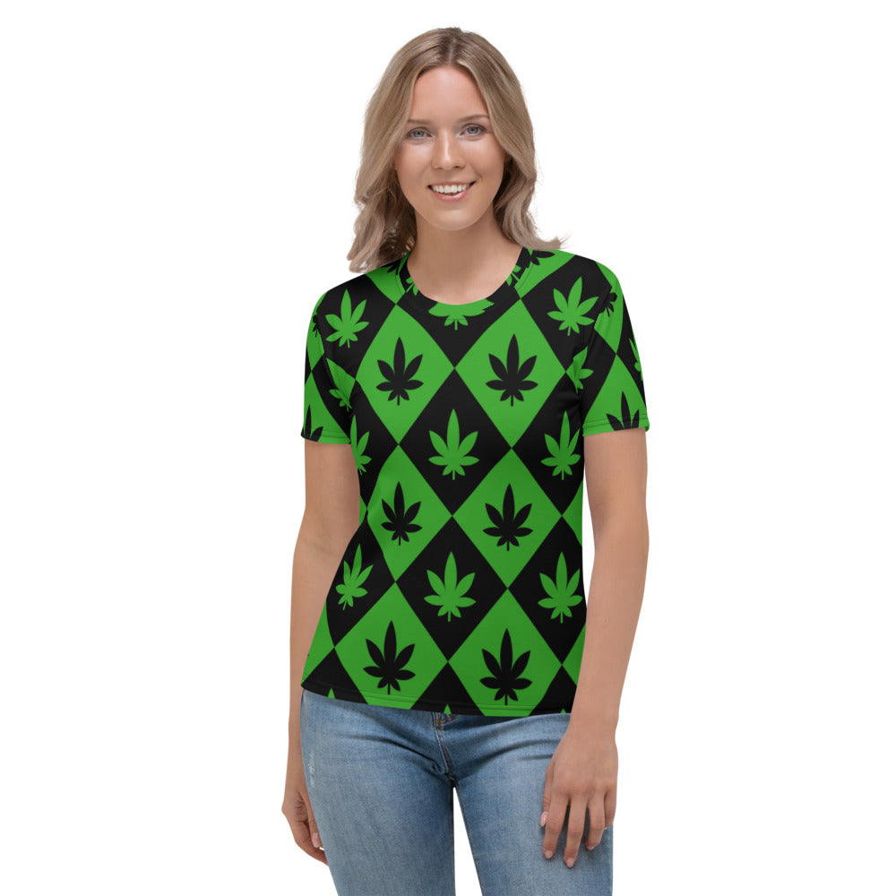 Black & Green Stoners Only Weed Leaf Checker Board Women's T-shirt