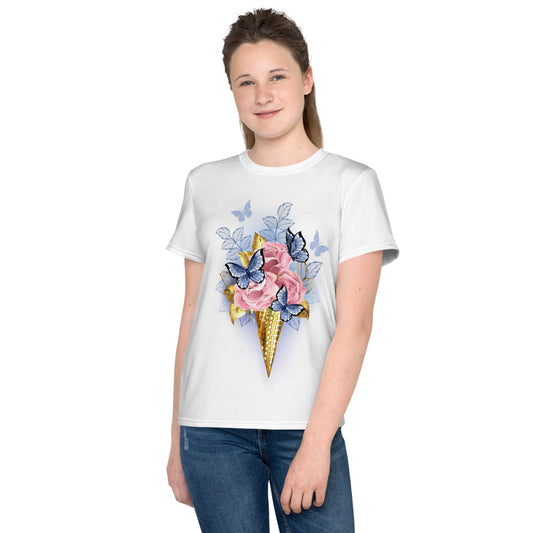 Butterflies & Pink Roses Waffle Cone Kids T-shirt