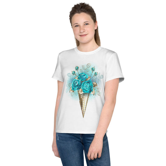 Turquoise Roses Waffle Cone Kids T-shirt