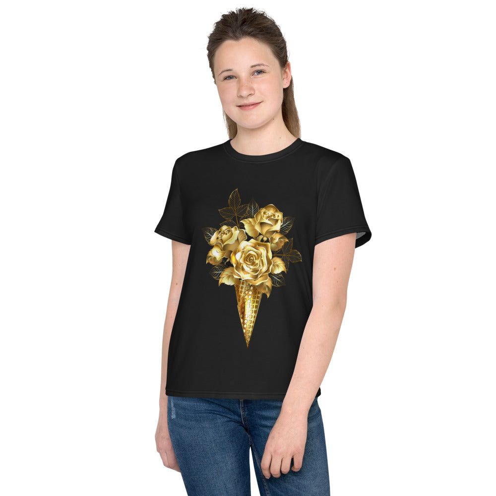 Gold Roses Waffle Cone Kids T-shirt