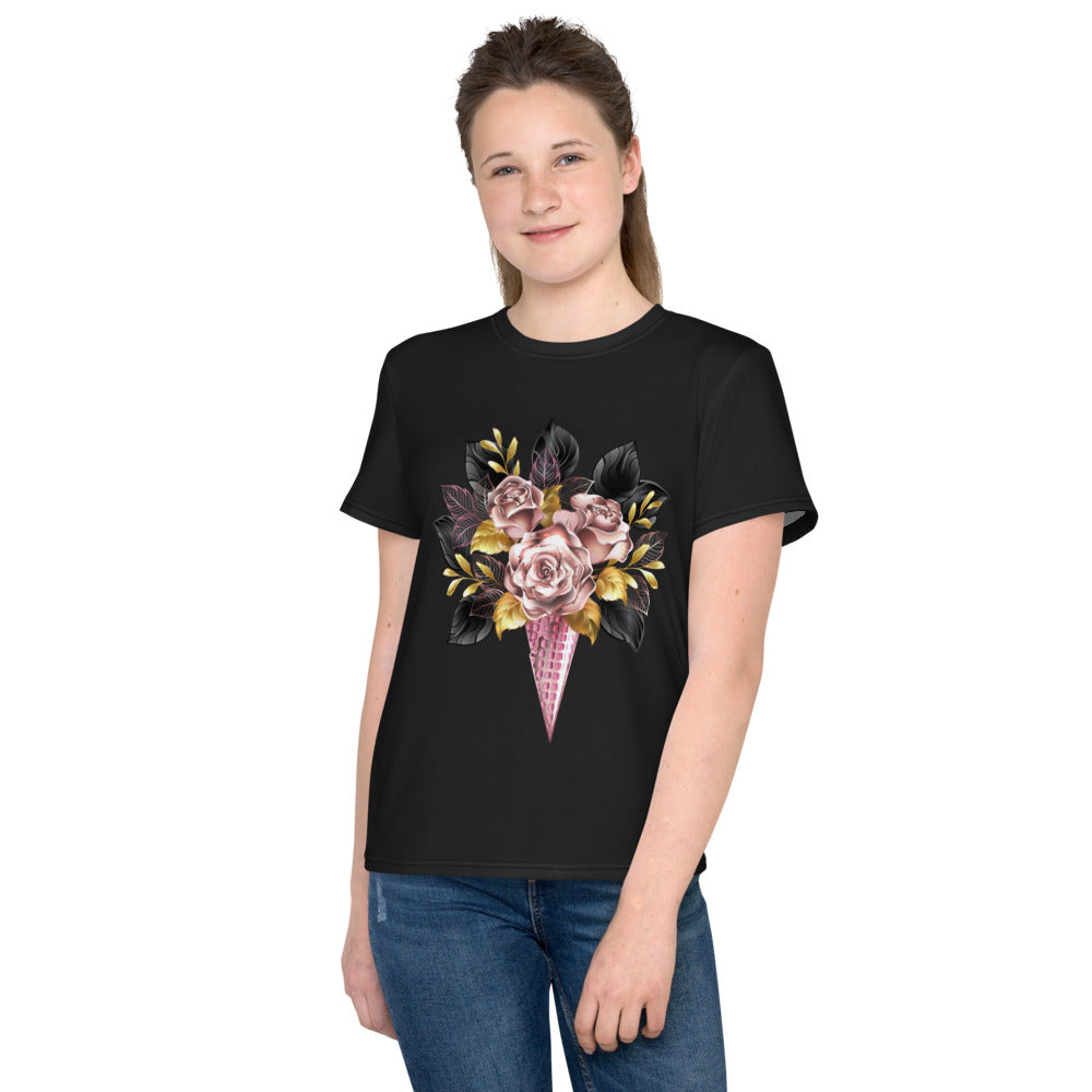 Pink & Gold Roses Waffle Cone Kids T-shirt