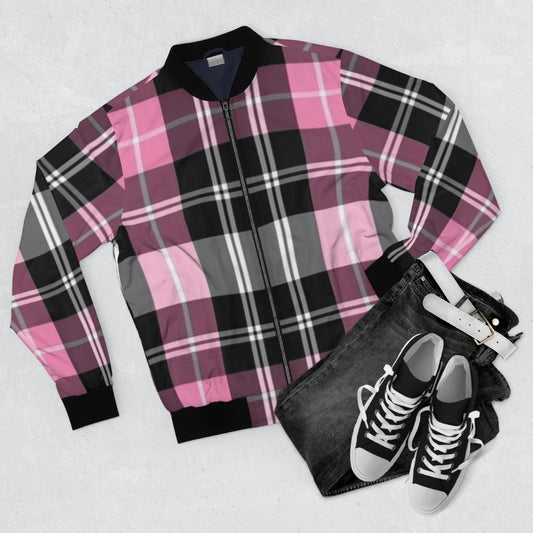 Pink & Black Plaid Bomber Jacket