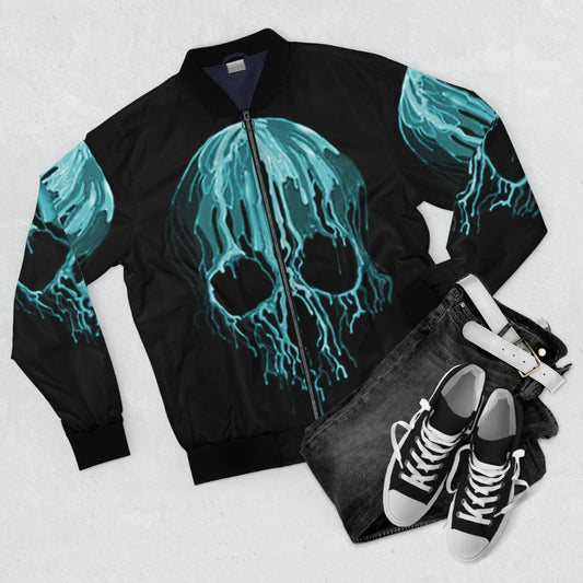 Teal Drippy Skull Bomber Jacket