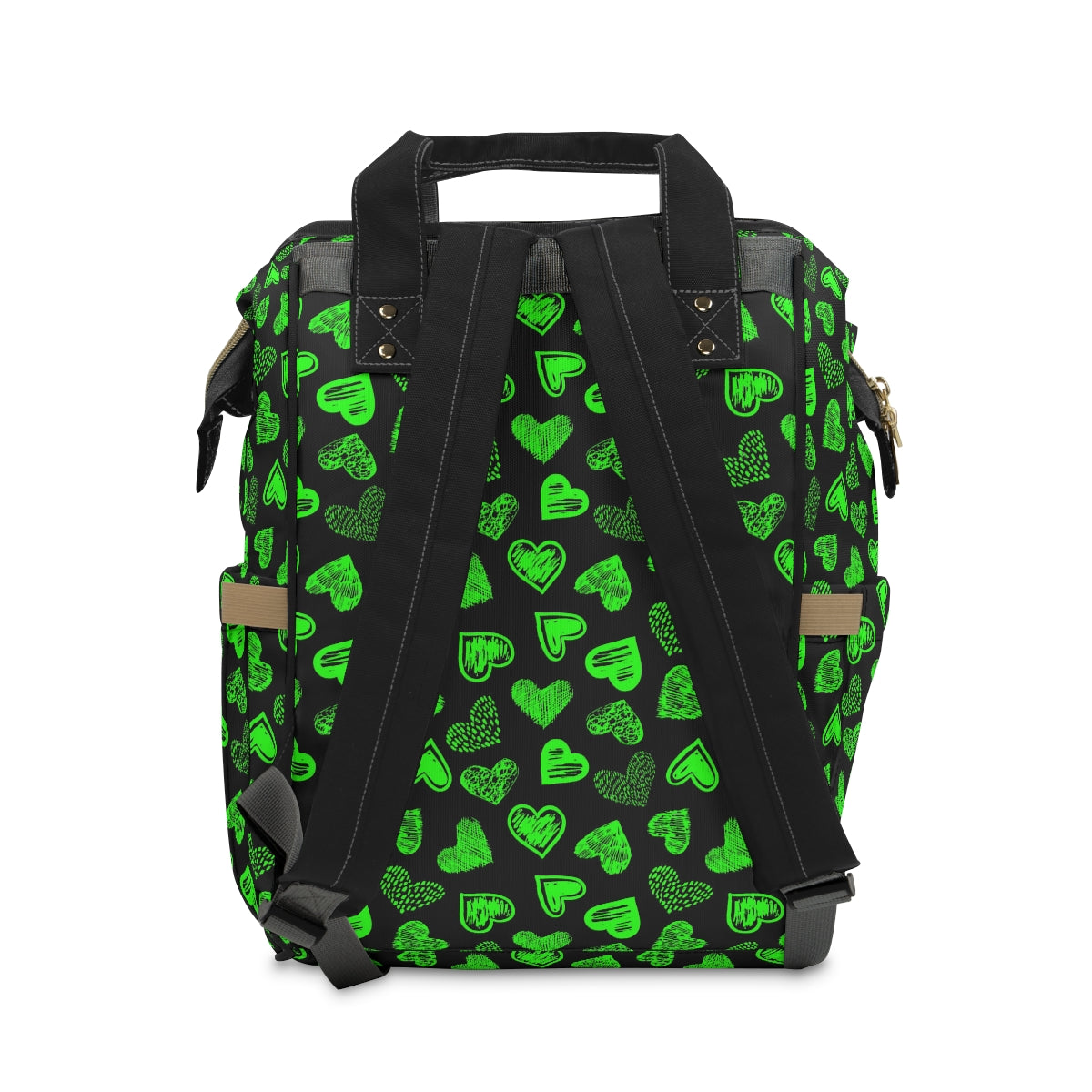 Black With Green Doodle Hearts Multifunctional Backpack