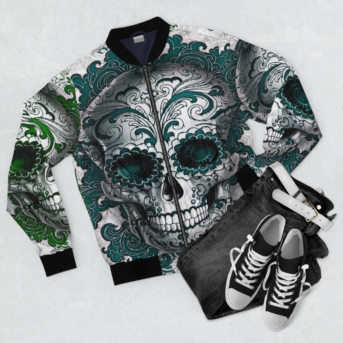 Teal & Green Sugar Skull Bomber Jacket