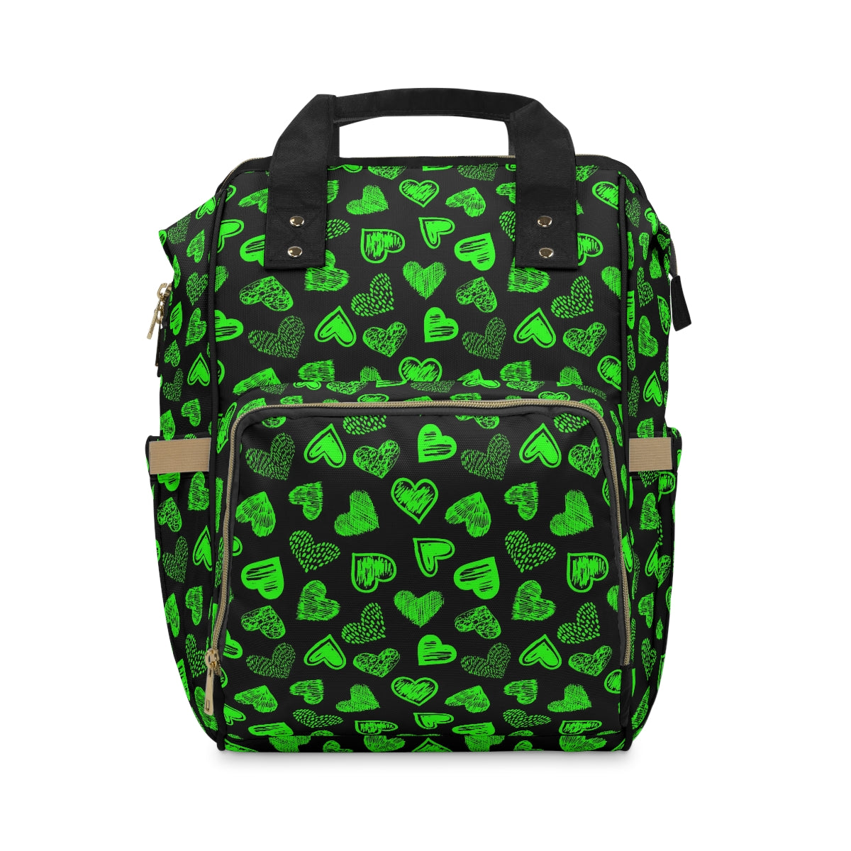 Black With Green Doodle Hearts Multifunctional Backpack