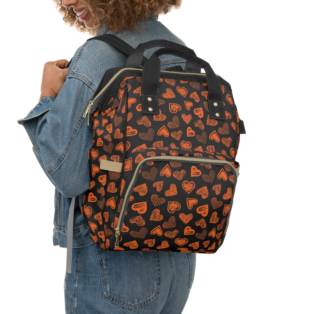 Black With Orange Doodle Hearts Multifunctional Backpack