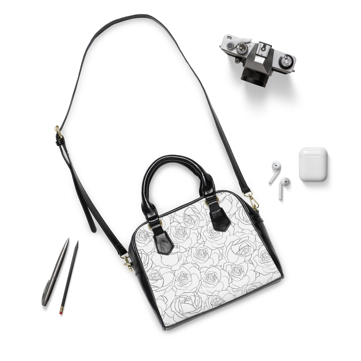 White & Black Roses Shoulder Handbag