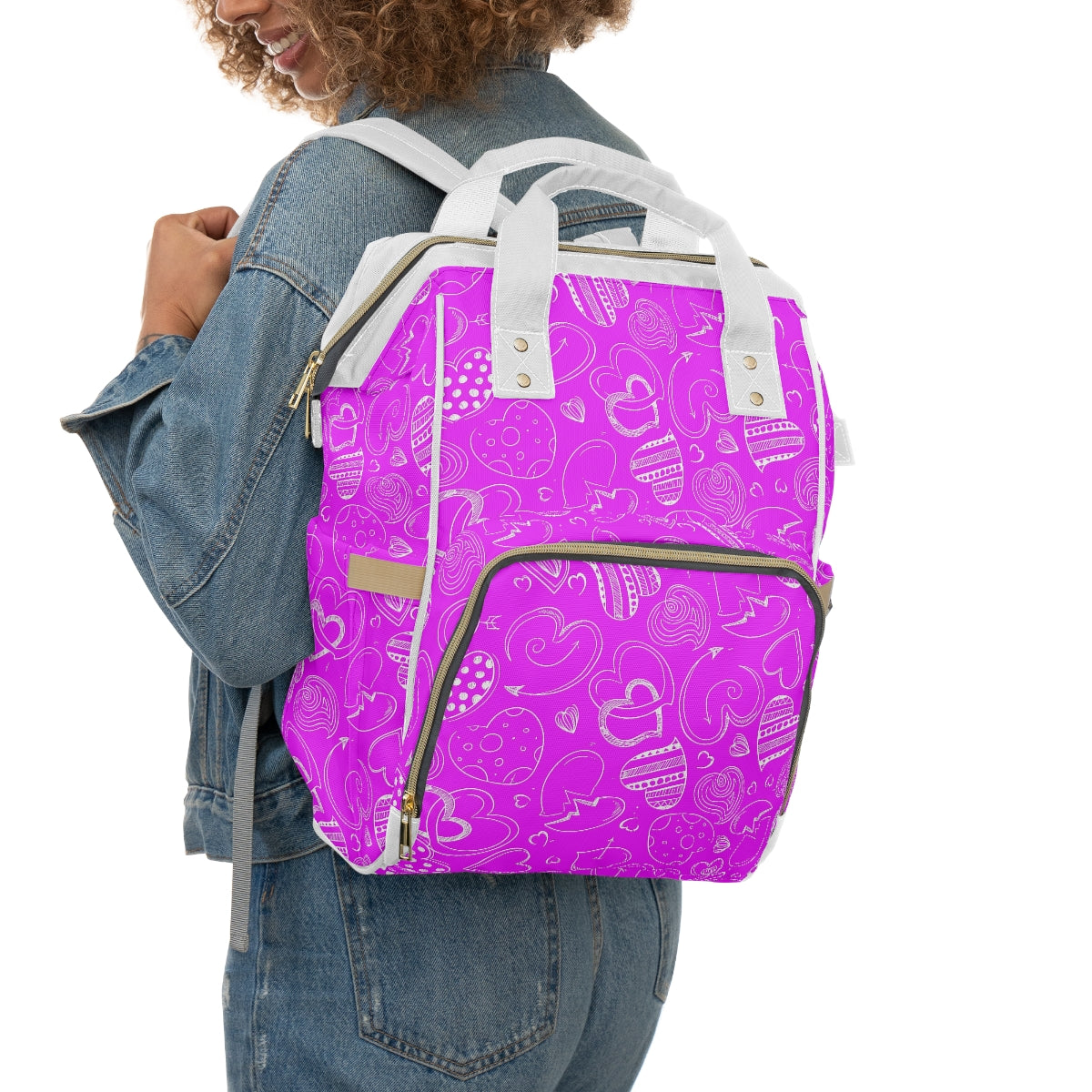 Purple With White Doodle Hearts Multifunctional Backpack