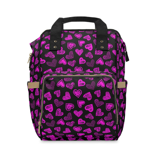 Black With Purple Doodle Hearts Multifunctional Backpack