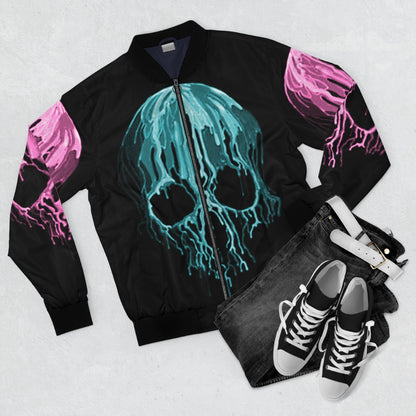 Teal & Pink Drippy Skull Bomber Jacket