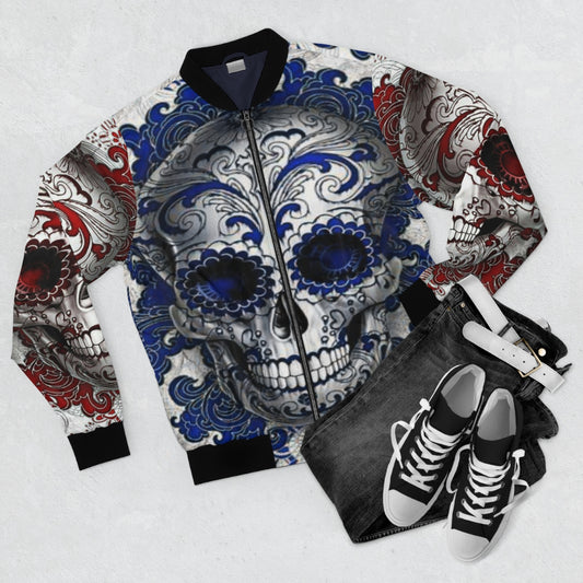 Blue & Red Sugar Skull Bomber Jacket