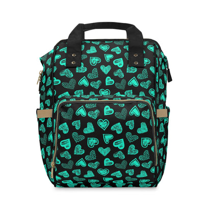 Black With Teal Doodle Hearts Multifunctional Backpack