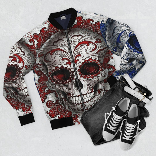 Red & Blue Sugar Skull Bomber Jacket