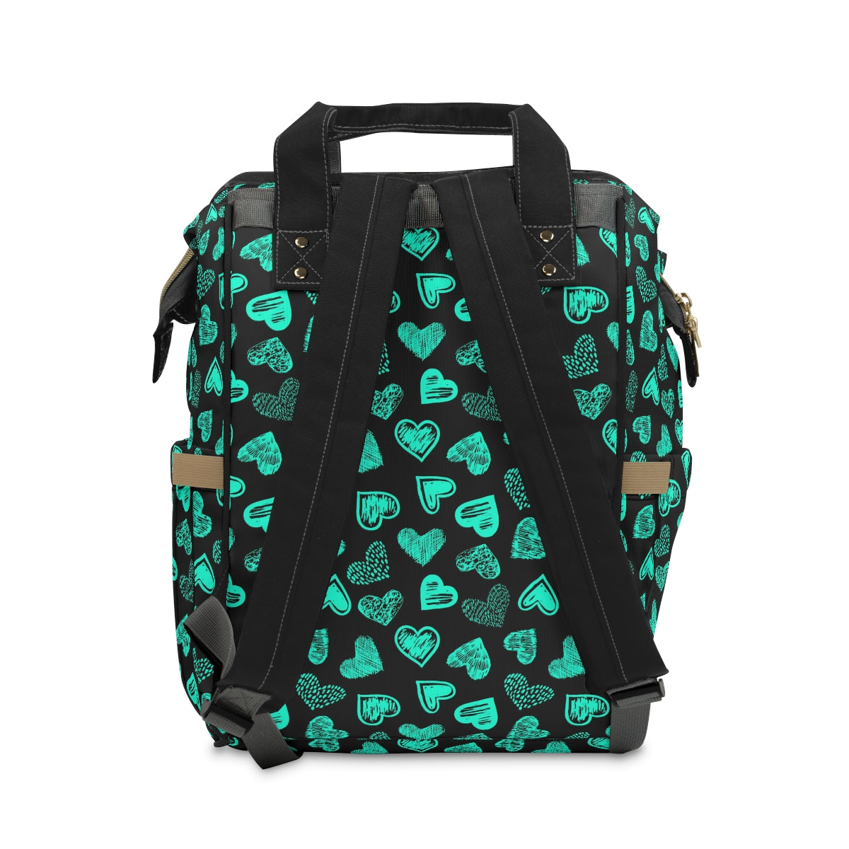 Black With Teal Doodle Hearts Multifunctional Backpack