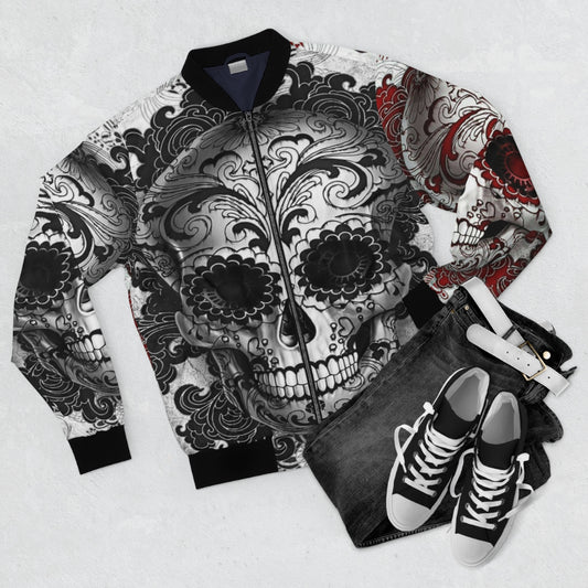 Black & Red Sugar Skull Bomber Jacket