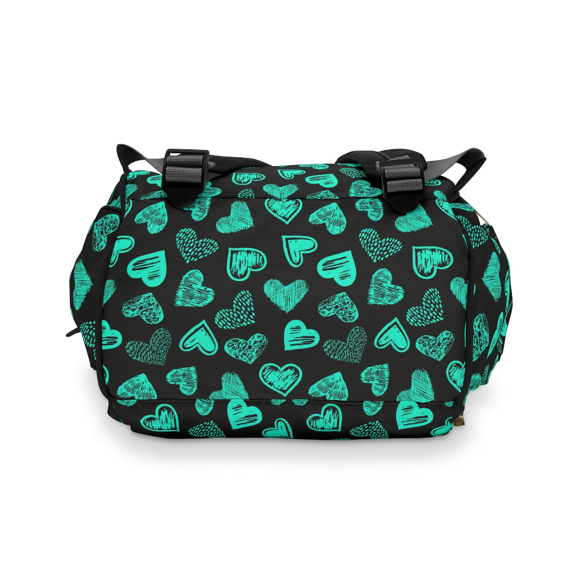 Black With Teal Doodle Hearts Multifunctional Backpack