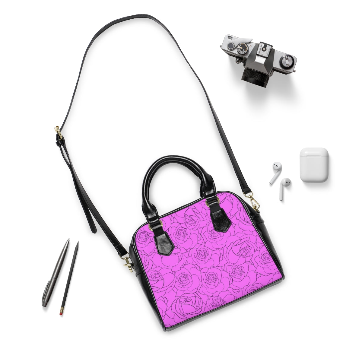 Pink & Black Roses Shoulder Handbag