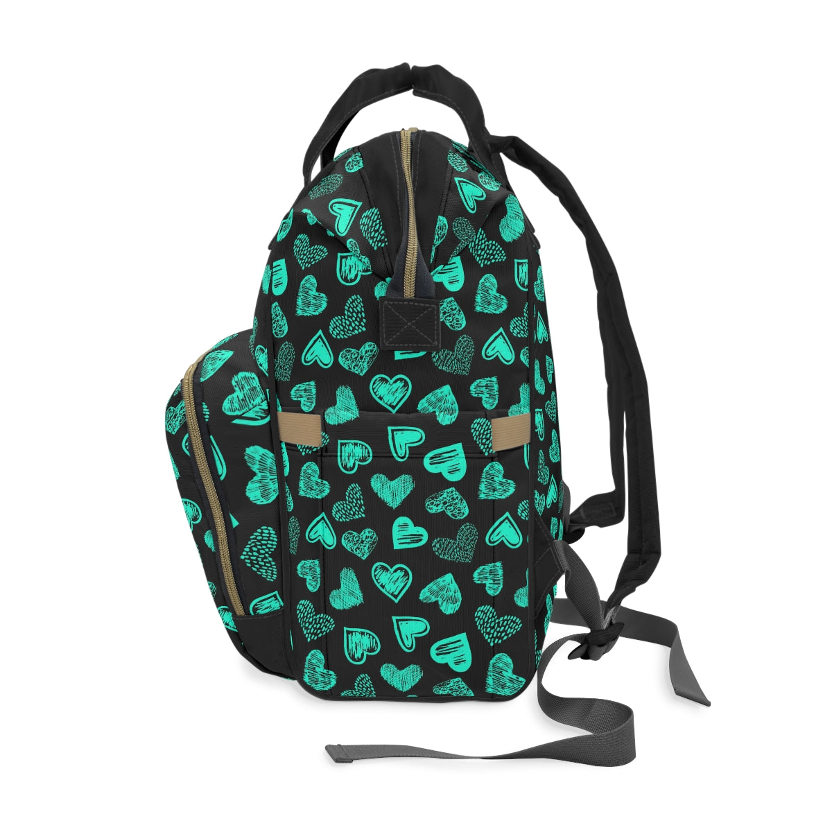 Black With Teal Doodle Hearts Multifunctional Backpack