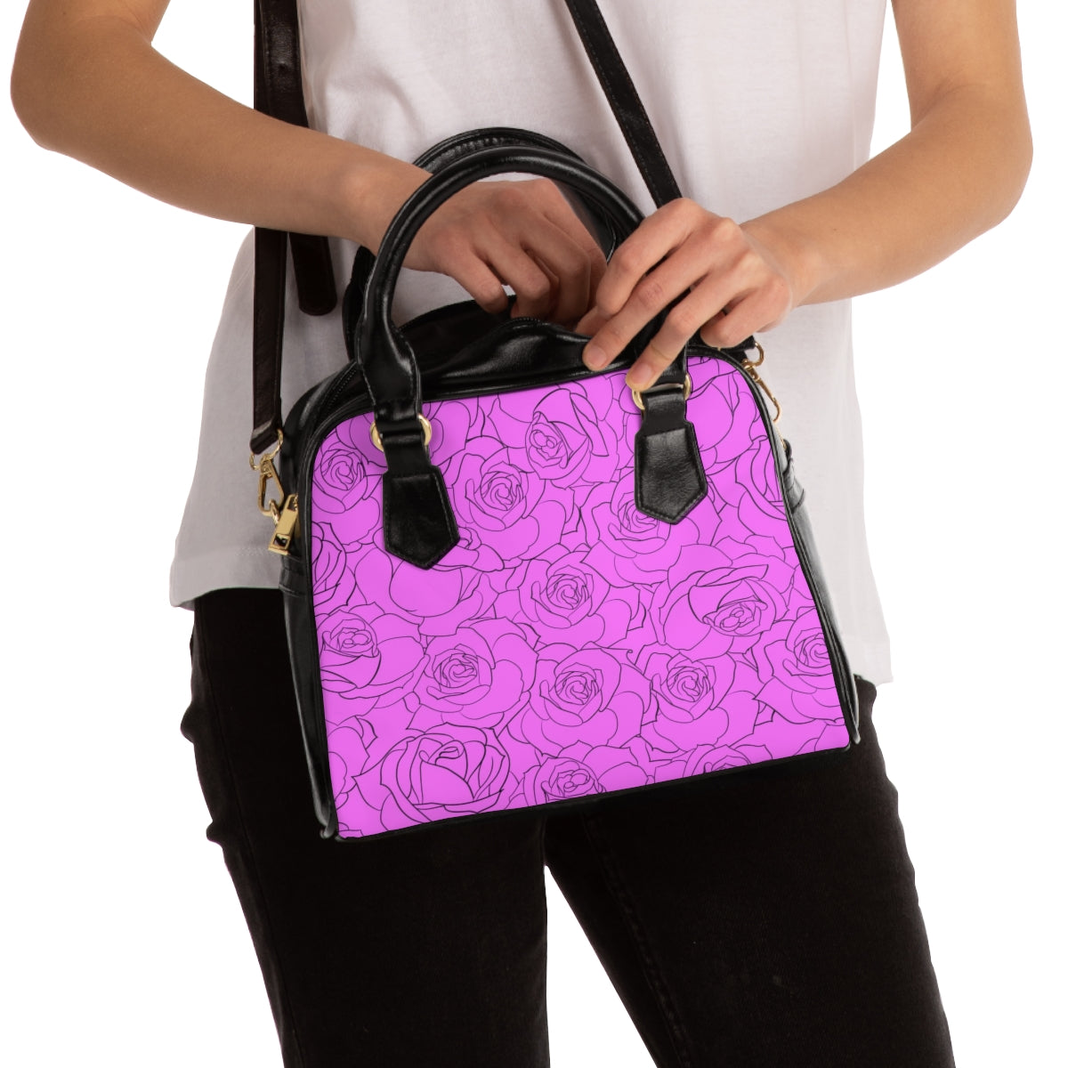 Pink & Black Roses Shoulder Handbag