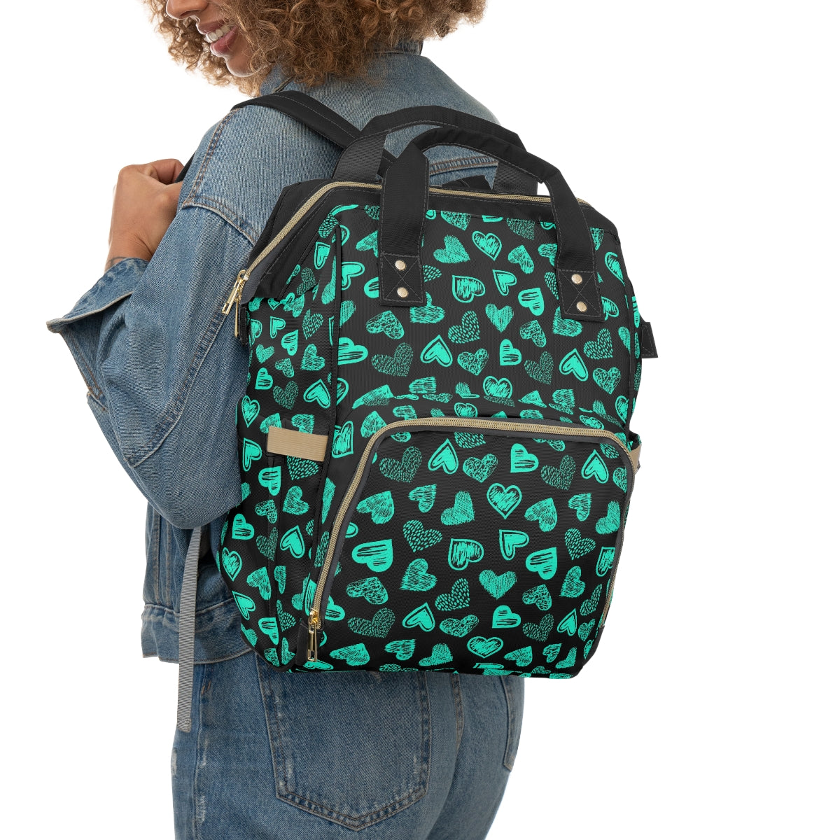 Black With Teal Doodle Hearts Multifunctional Backpack