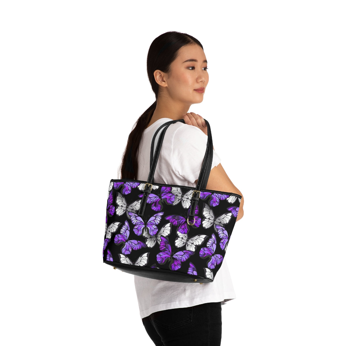 Purple With White Butterflies PU Leather Shoulder Bag