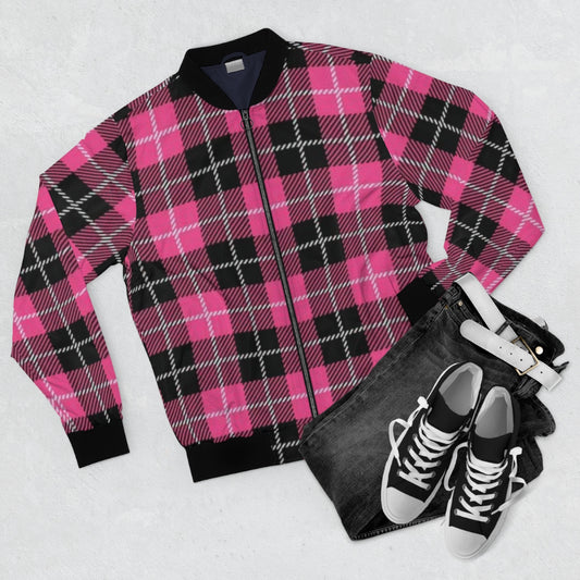 Pink & Black Plaid Bomber Jacket